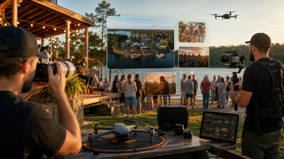 A professional business content shoot organized across photo, video, and website media