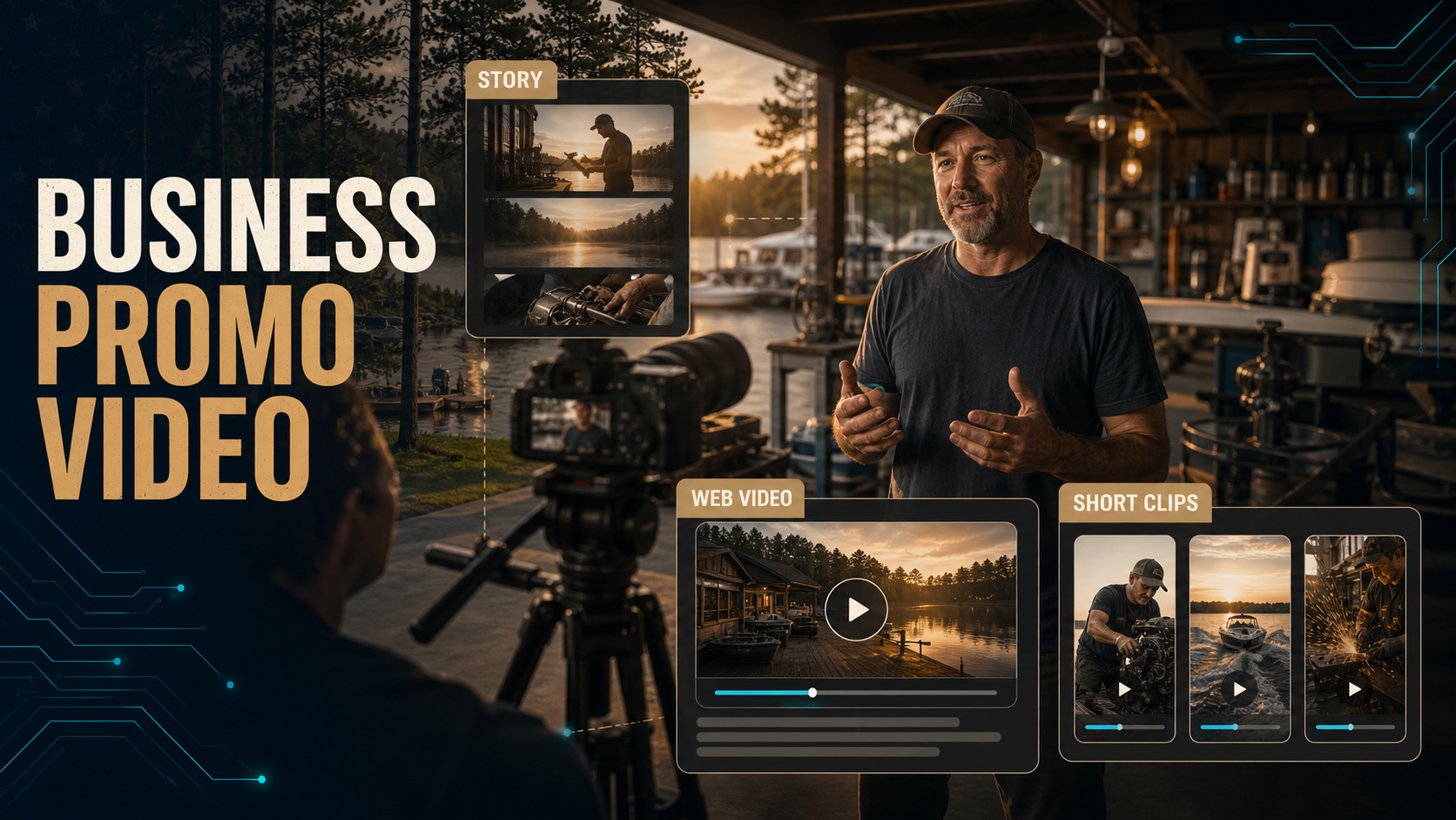 Business Promo Video product visual showing on-site filming, an editing timeline, web video, and short social clips.