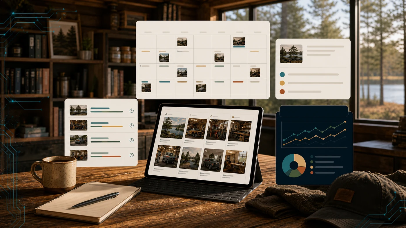 Social Media Management system showing a content calendar, scheduled posts, branded graphics, and basic reporting